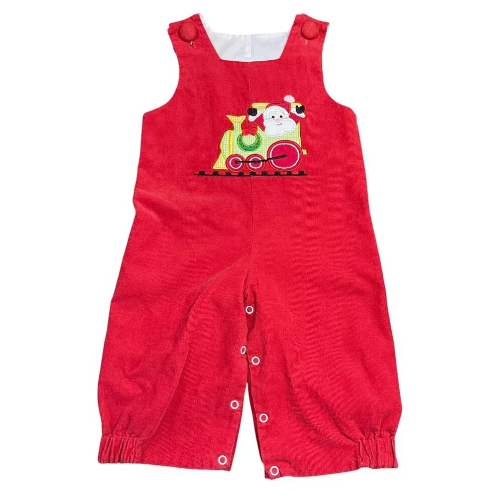 Castles & Crowns Santa Train Longalls‎ Baby 6-9M Cotton Red Corduroy Overalls